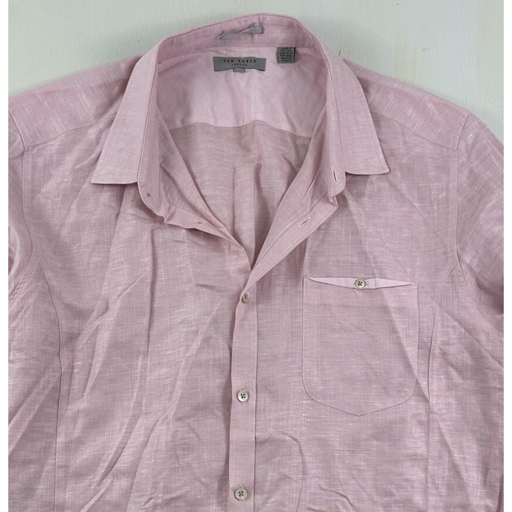 Ted Baker Mens 5‎ Linen Cotton Shirt size XL Pink Long Sleeve Roll Tabs Slim Fit